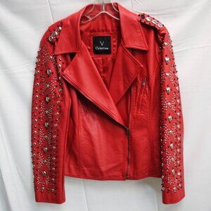 V Cristina Red Studded Faux Leather Moto Jacket Rocker Punk Festival
